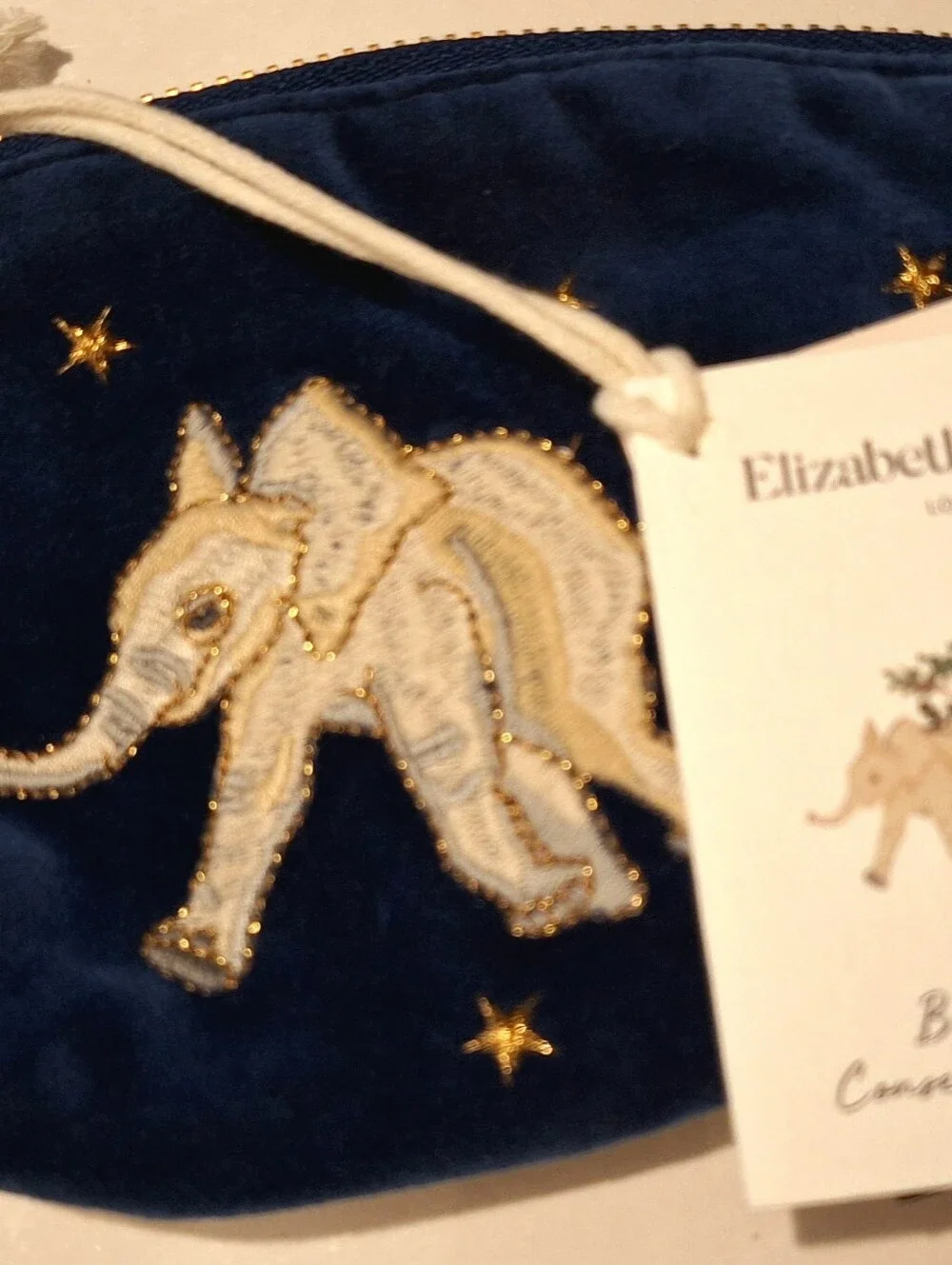 Elizabeth Scarlet Navy Velvet Pouch with Gold-Embroidered Baby Elephant NWT
